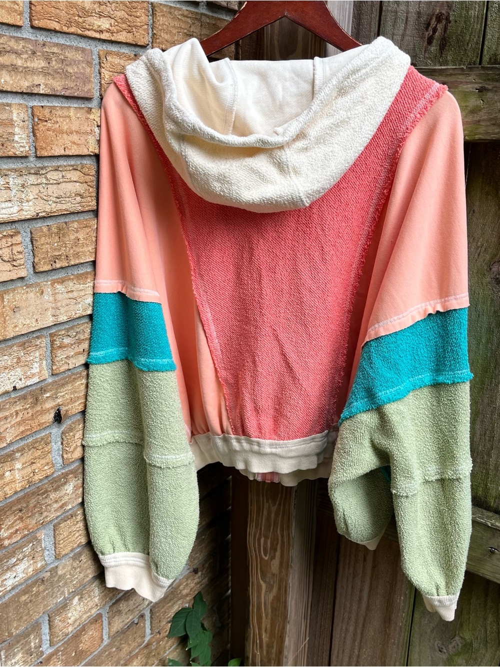 BiBi Coral, Teal & Sage Colorblock Hooded Zip Sweatshirt Boho - Picture 3 of 3